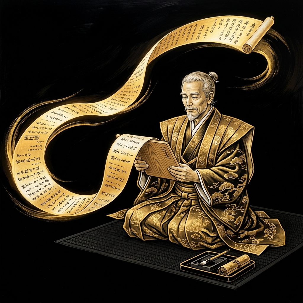 軍師が自動仕訳を紹介する和風イラスト