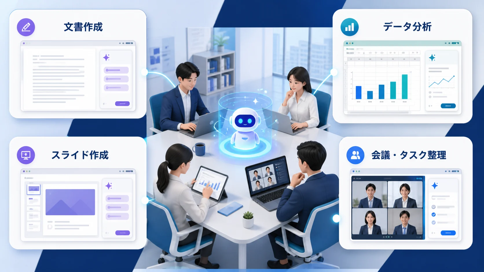 文書作成、データ分析、スライド作成、会議・タスク整理での活用図