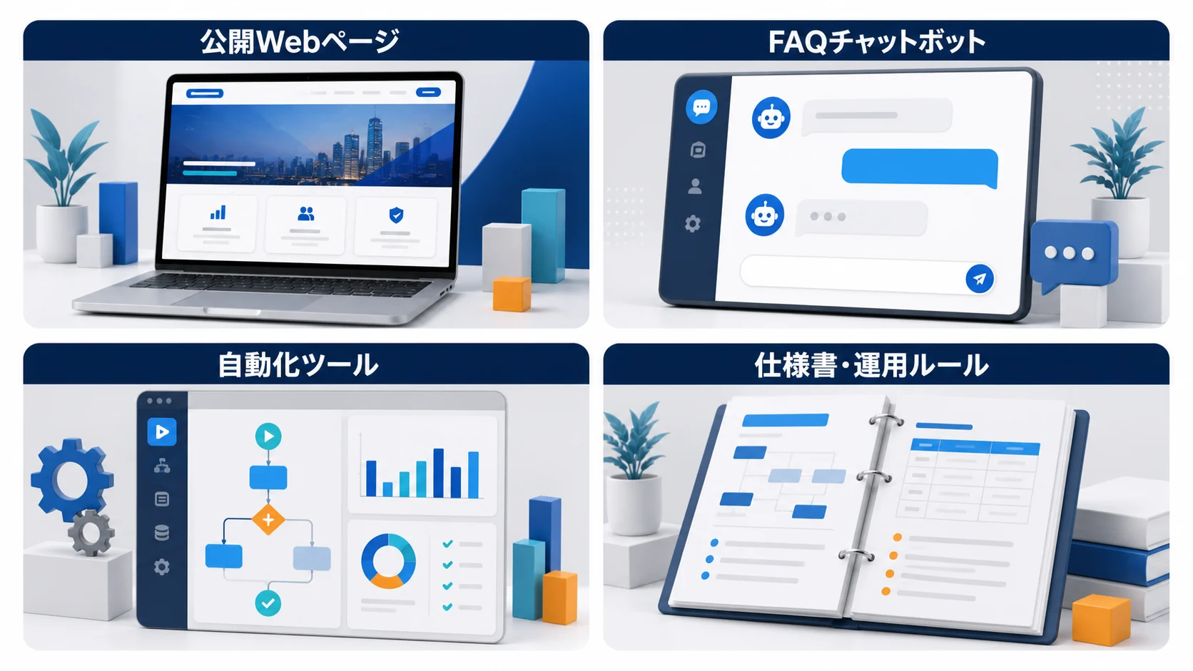 公開Webページ、FAQチャットボット、自動化ツール、仕様書・運用ルールの成果物図