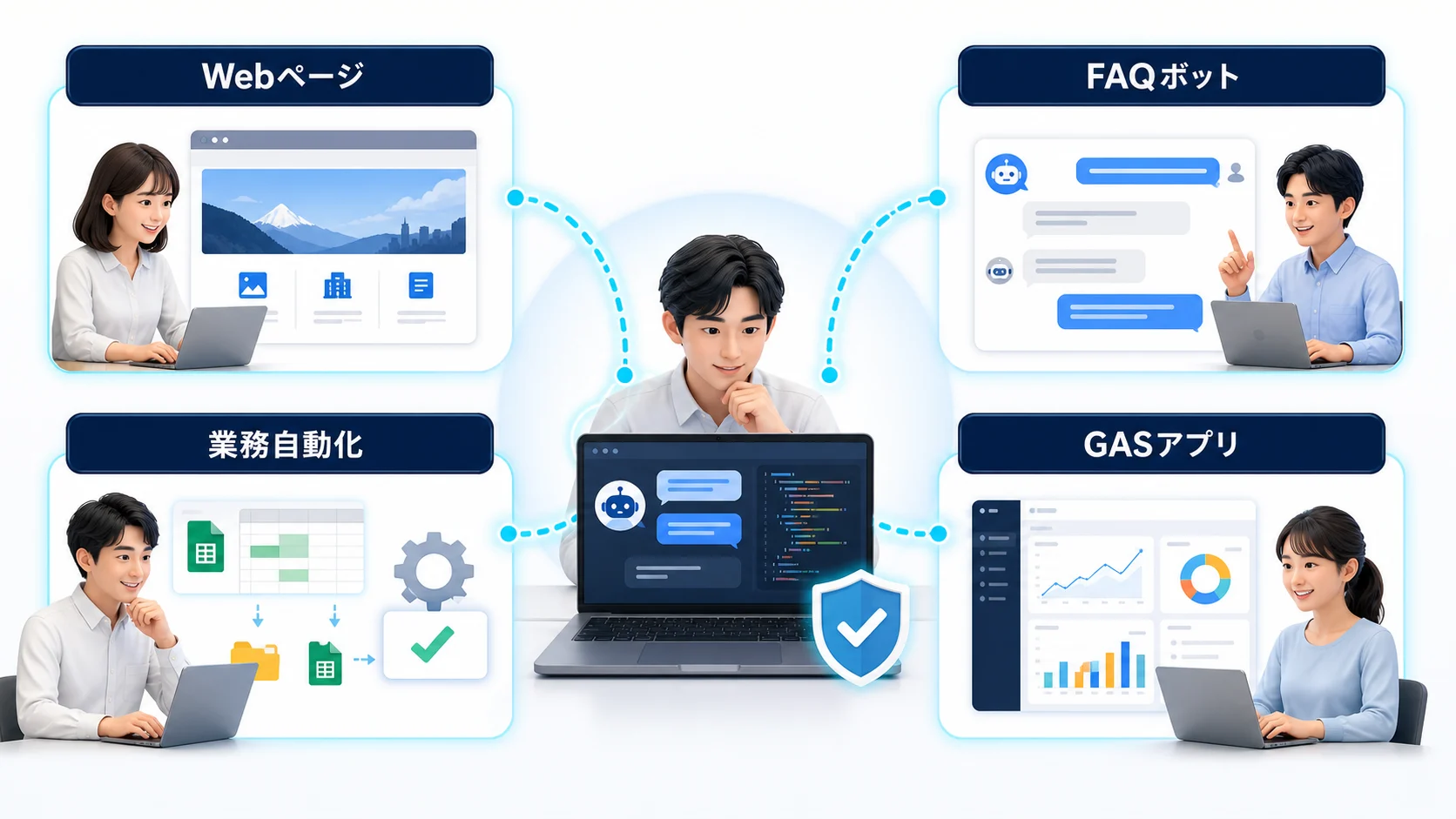 Webページ、FAQボット、業務自動化、GASアプリの作成図