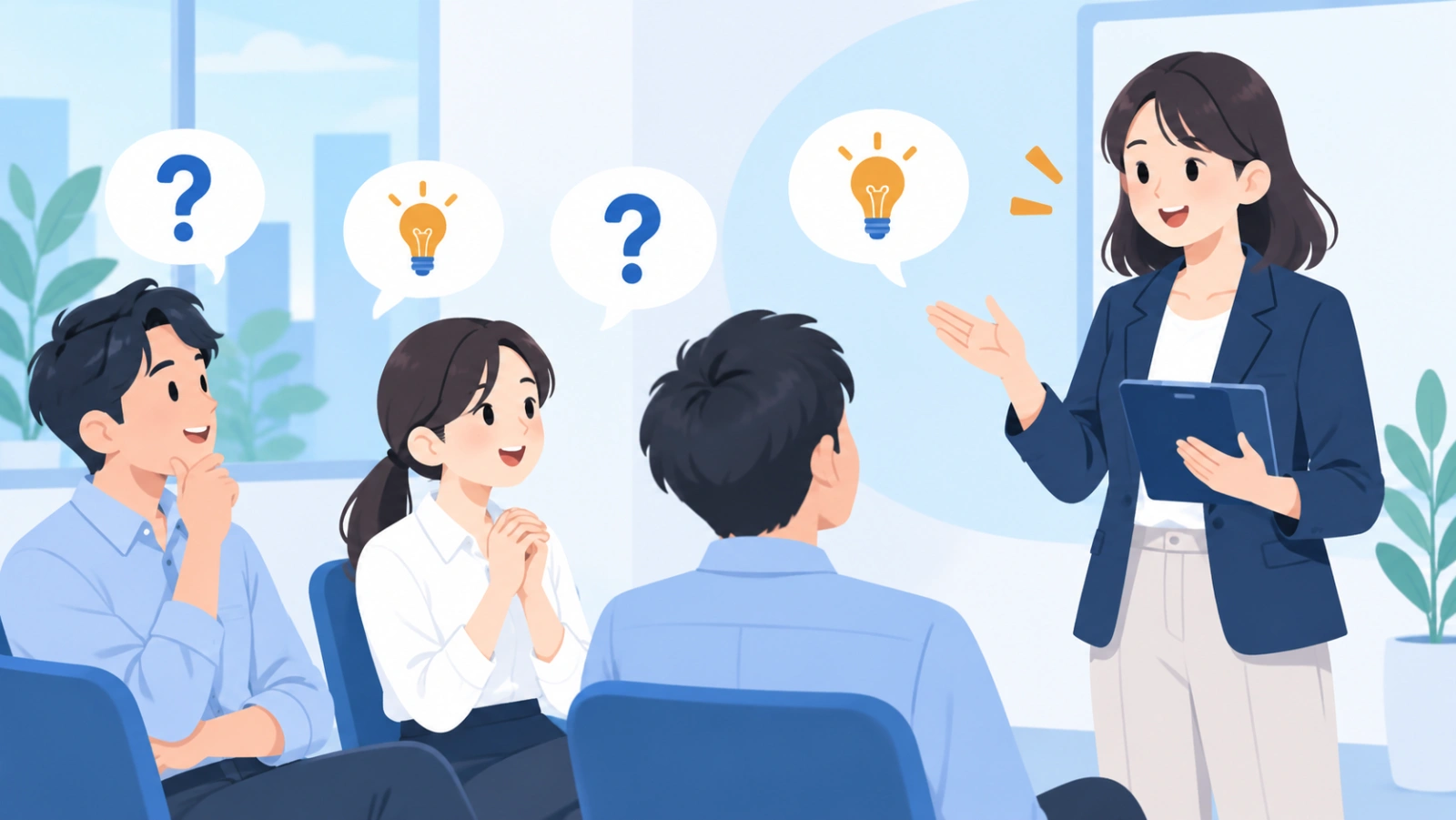 法人向け生成AI研修についてよくある質問を表す図解イラスト