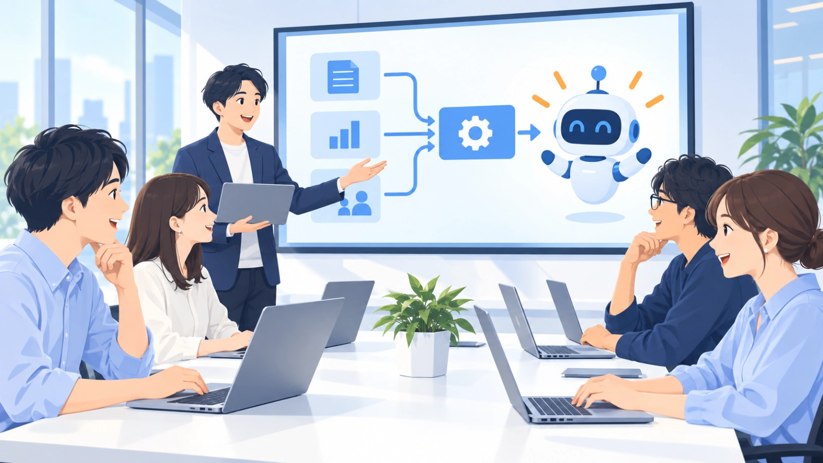 MoMoなら自社業務から逆算した生成AI研修を設計できますを表す図解イラスト