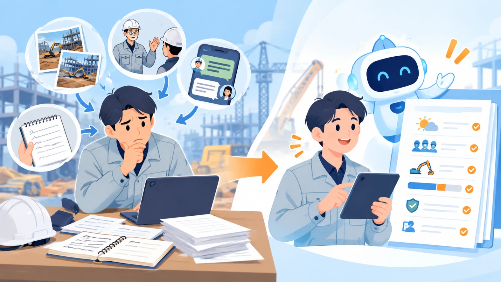 日報作成が遅くなる4つの原因を表す図解イラスト