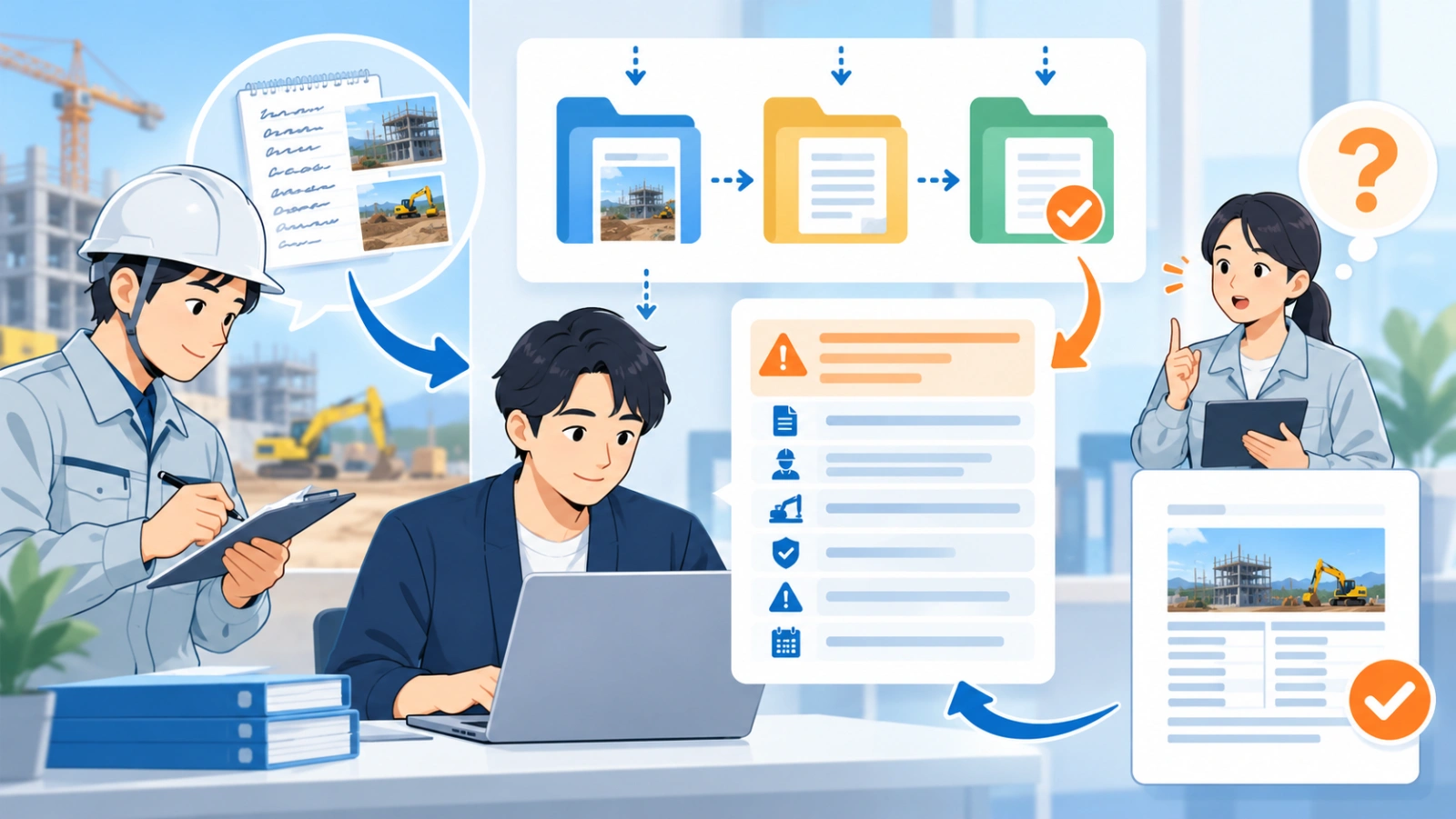 Claude Codeで日報を整理する手順を表す図解イラスト