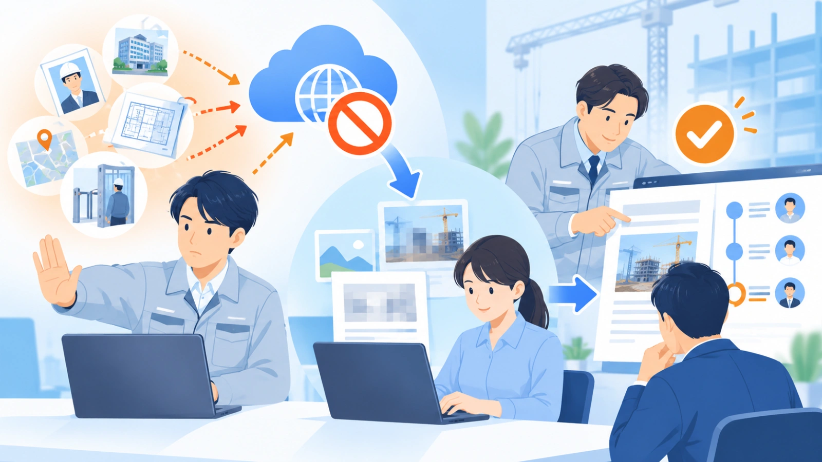 現場情報を扱う際の注意点を表す図解イラスト