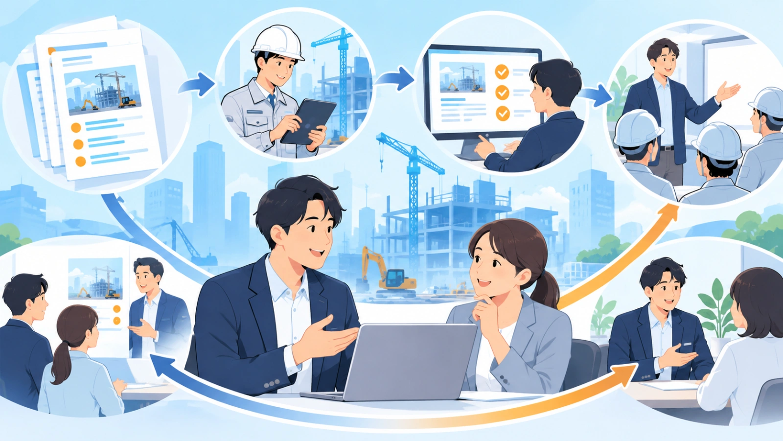 MoMoなら現場定着から逆算した建設AI活用を実現できますを表す図解イラスト