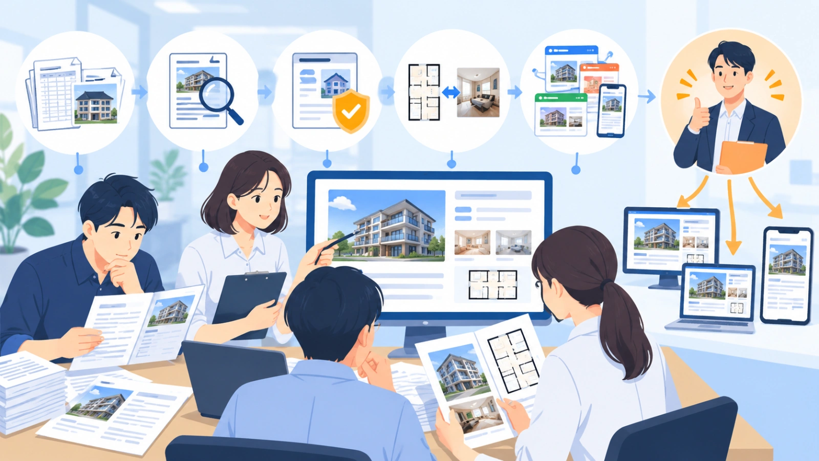 公開前の確認フローを表す図解イラスト