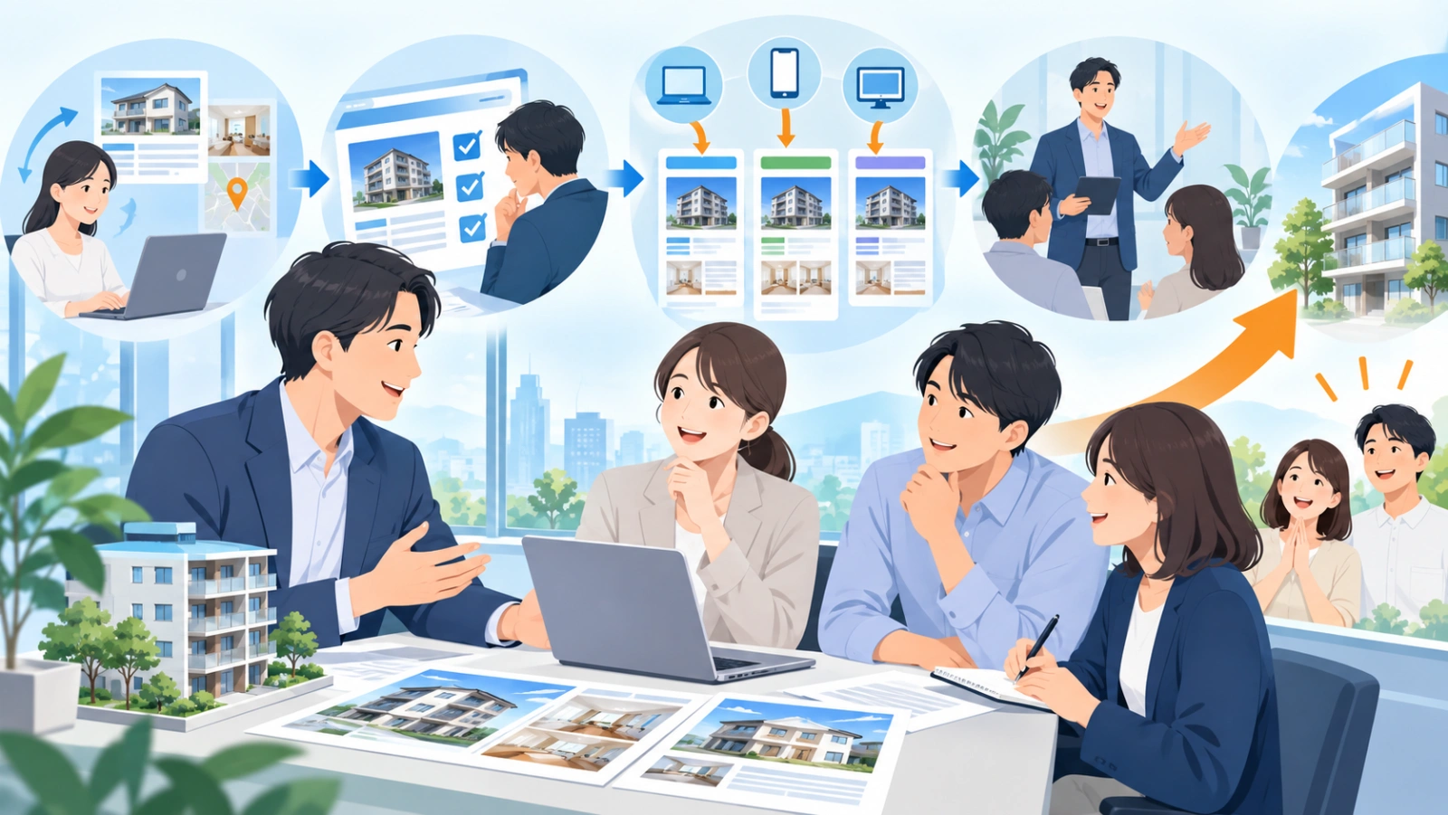 MoMoなら問い合わせ成果から逆算した不動産AI活用を実現できますを表す図解イラスト