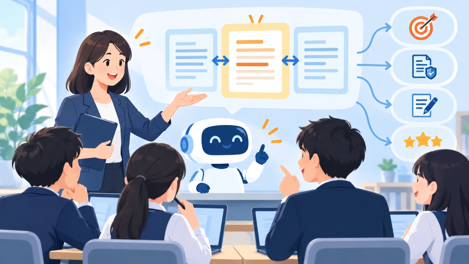 ChatGPTを学校教育で使うとき、最初に決めるべきことは？を表す図解イラスト