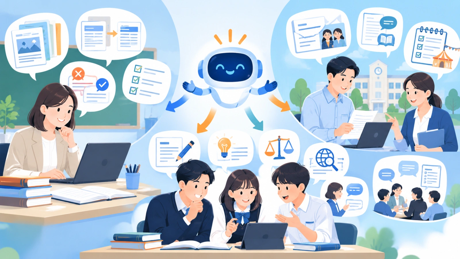 学校教育ではどのような場面で活用できる？を表す図解イラスト
