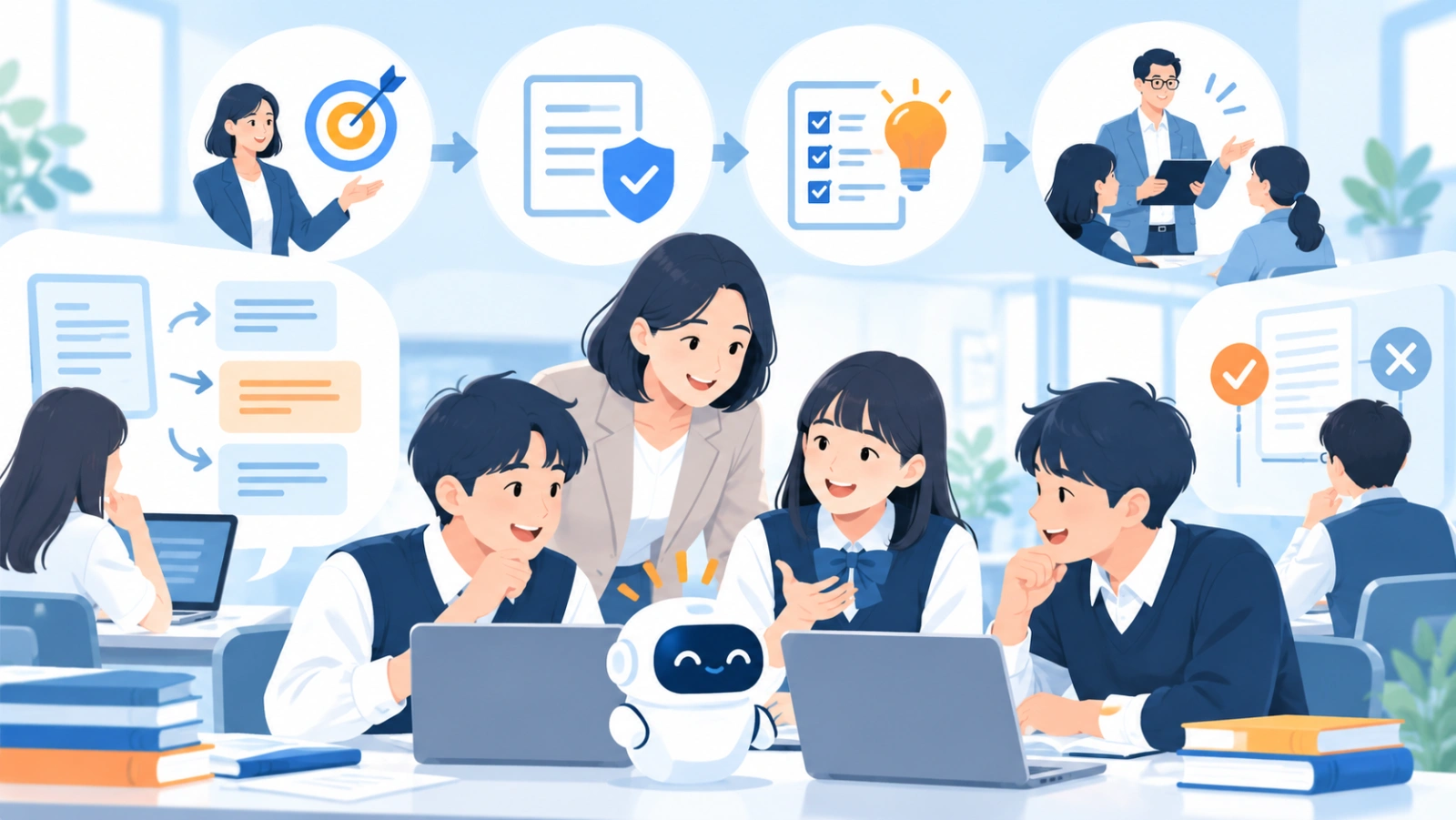 MoMoなら学習成果から逆算した生成AI教育を実現できますを表す図解イラスト