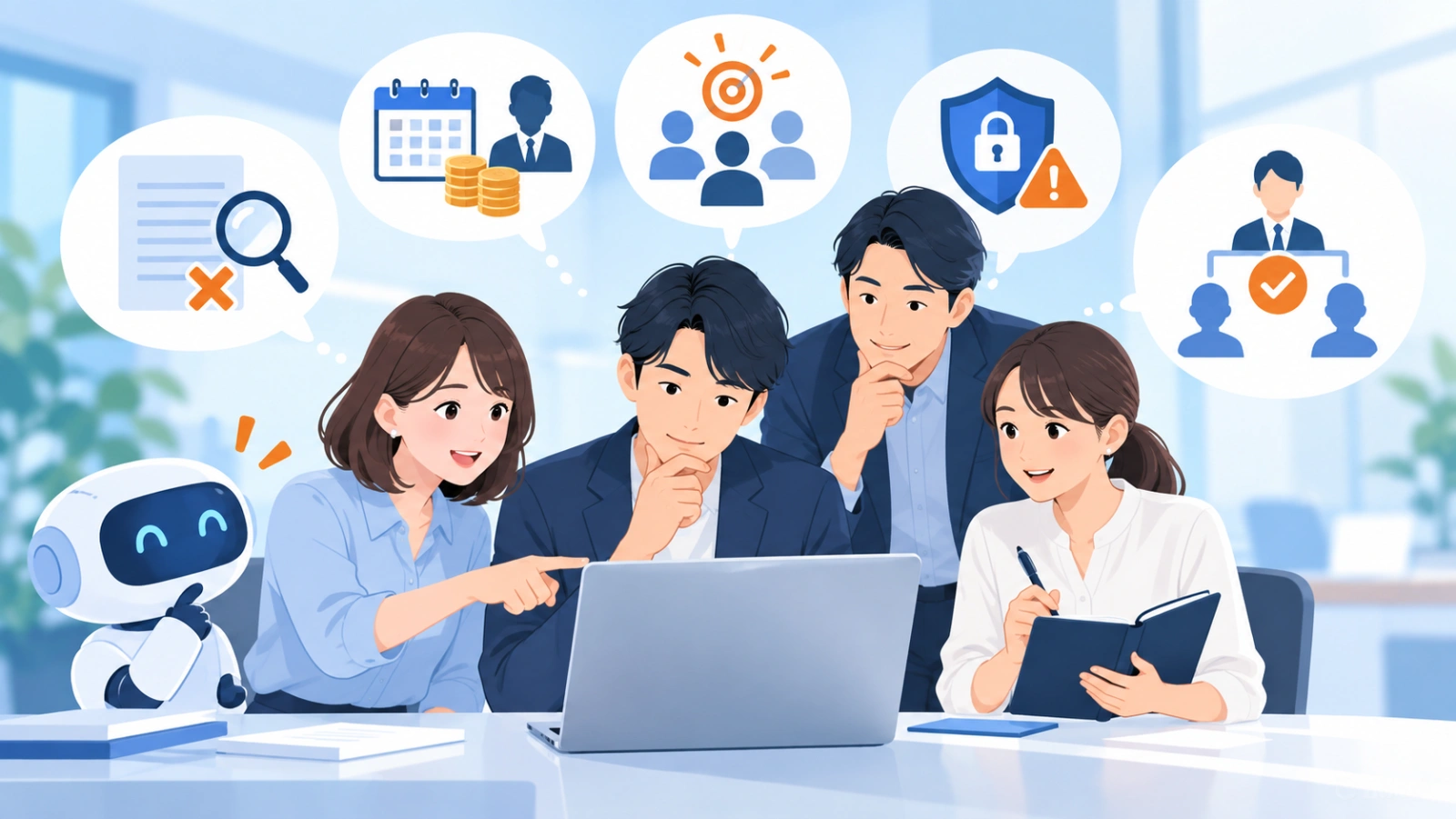 出力を確認する5つの質問を表す図解イラスト