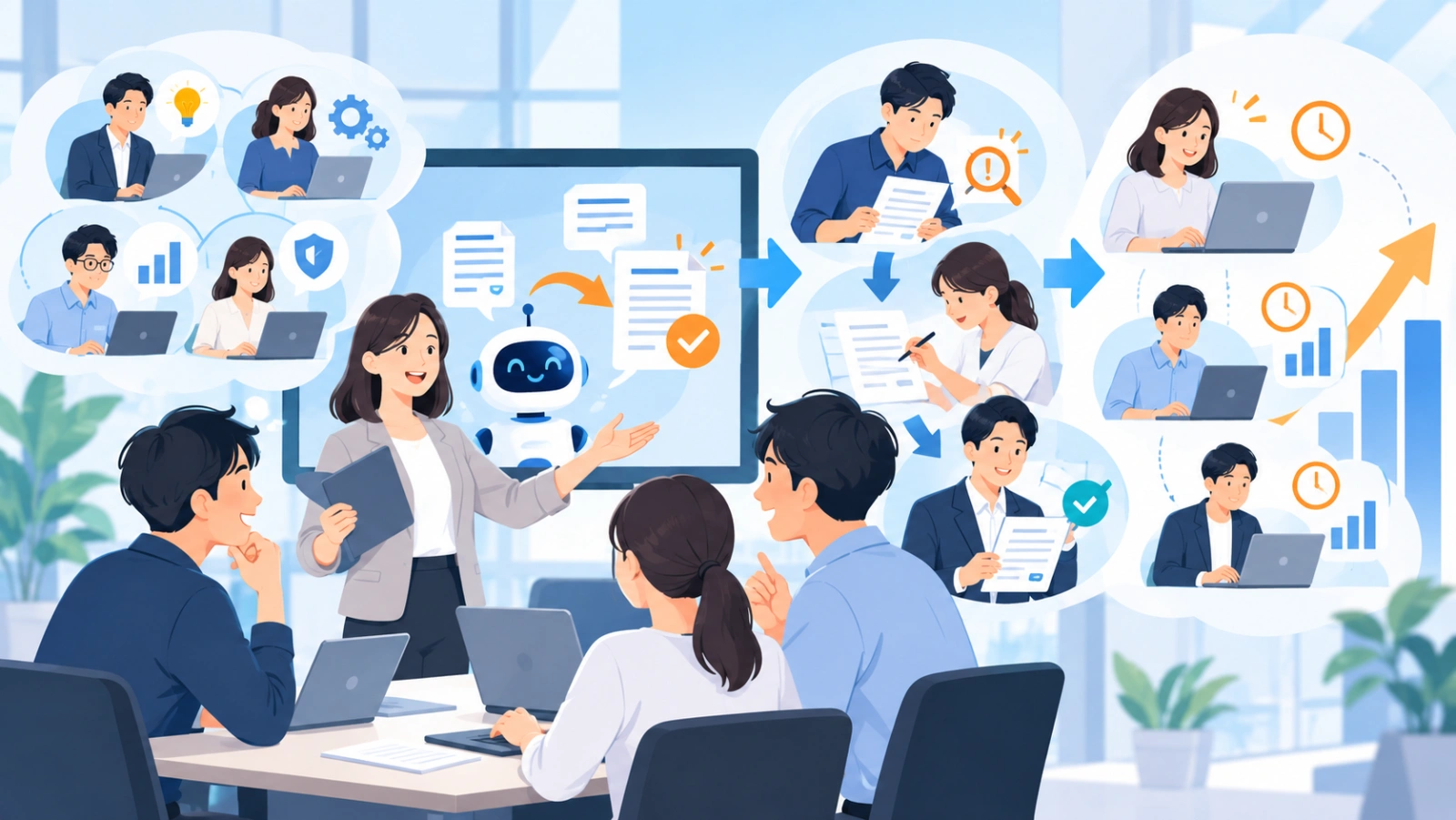 MoMoなら業務定着から逆算した社員教育を実現できますを表す図解イラスト