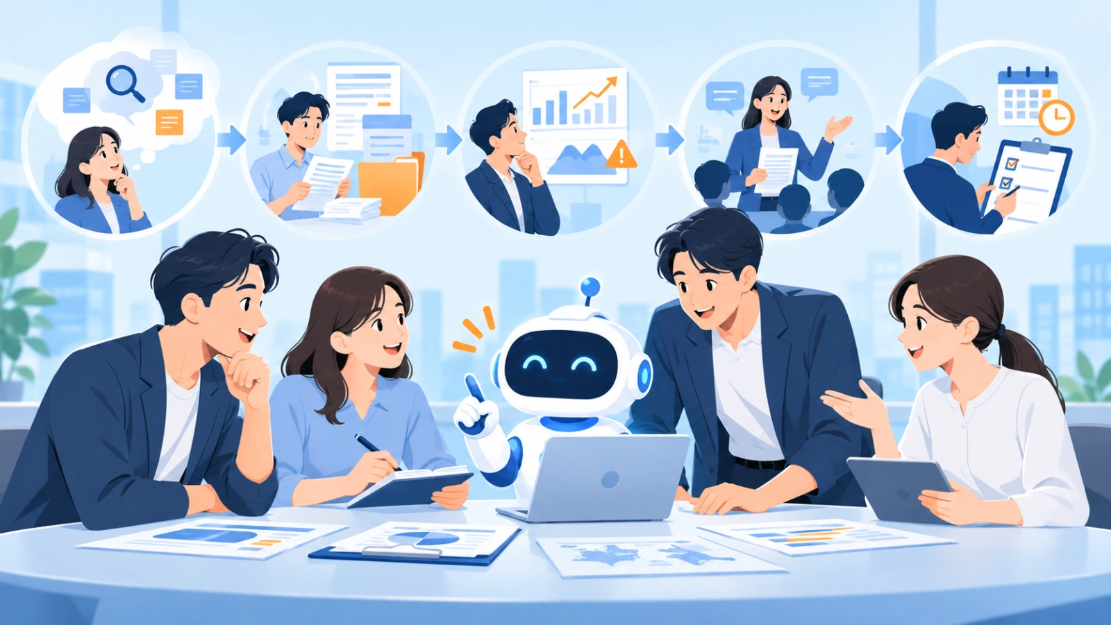 経営企画のどの工程で使える？を表す図解イラスト