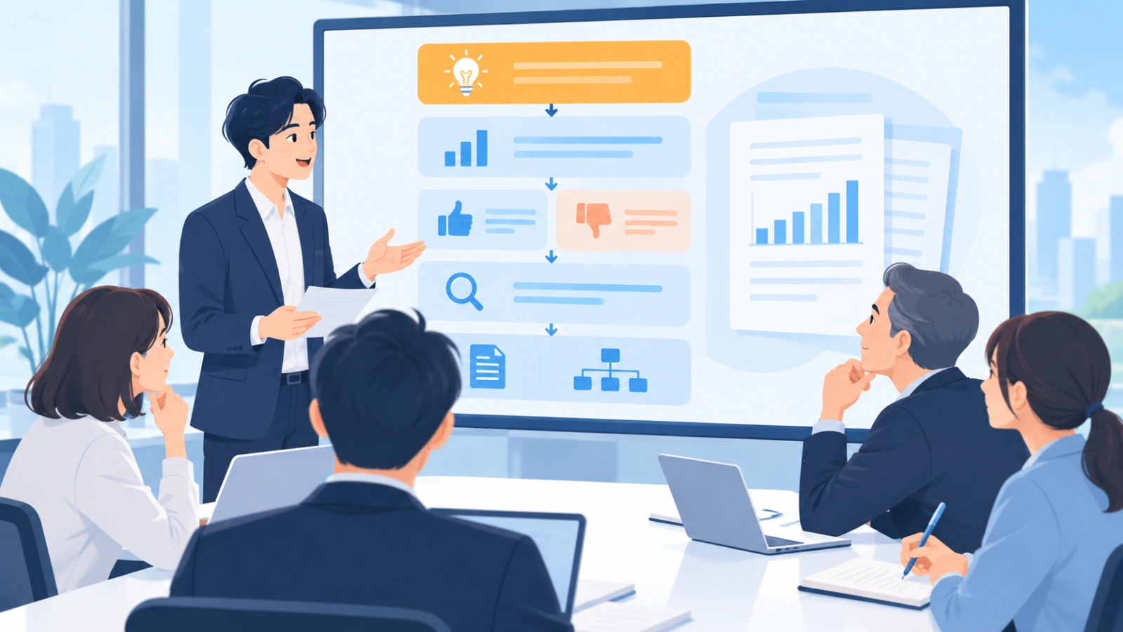 経営会議資料を作る手順を表す図解イラスト