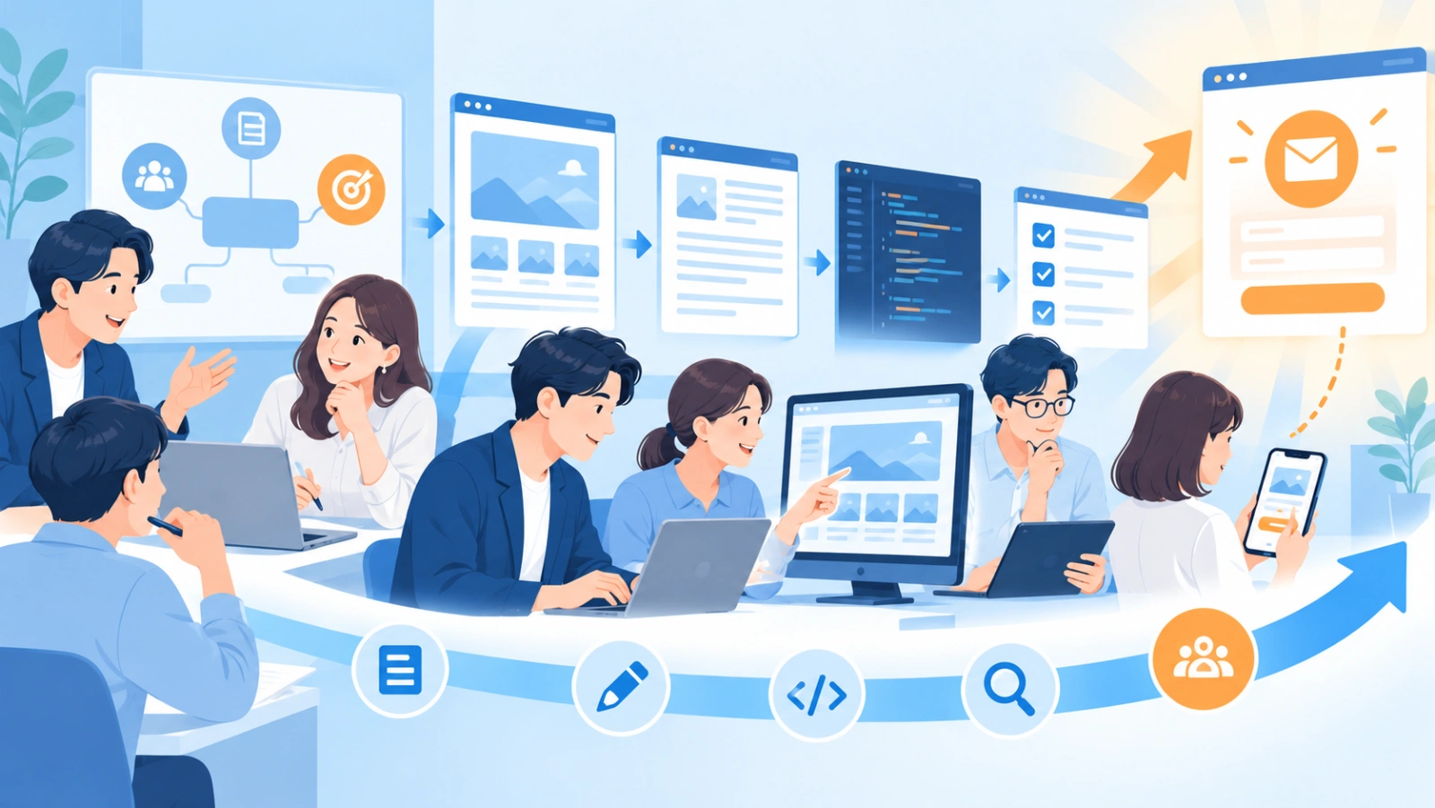 MoMoなら成果地点から逆算したWeb制作を実現できますを表す図解イラスト