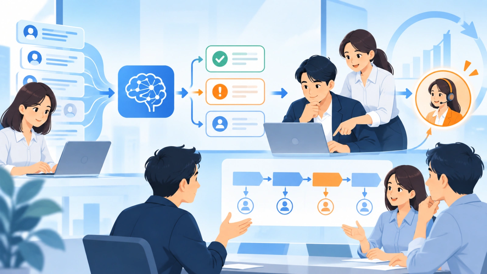 MoMoなら業務判断から逆算したAI活用を実現できますを表す図解イラスト