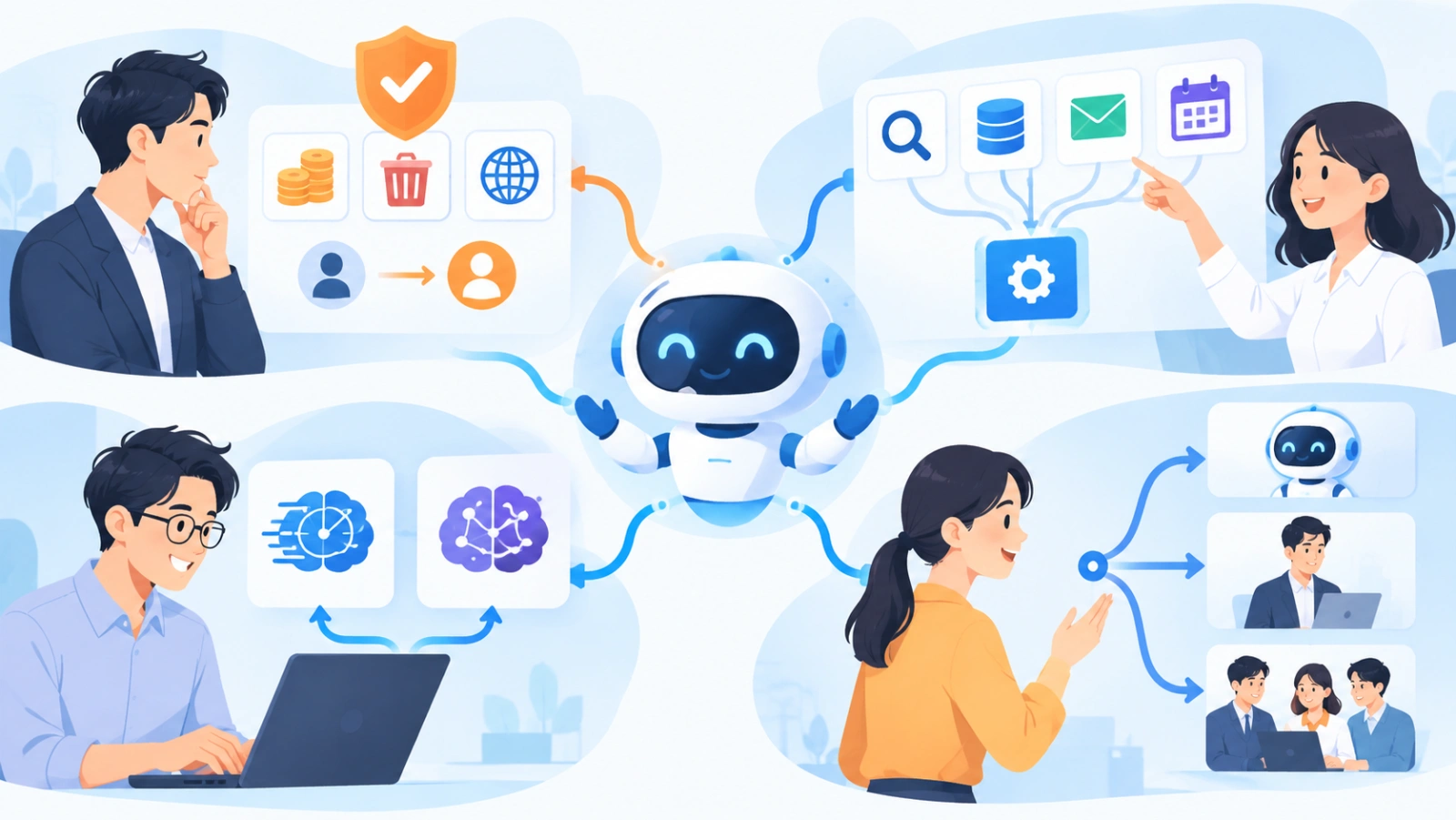 AIエージェントで使える4つのパターンを表す図解イラスト