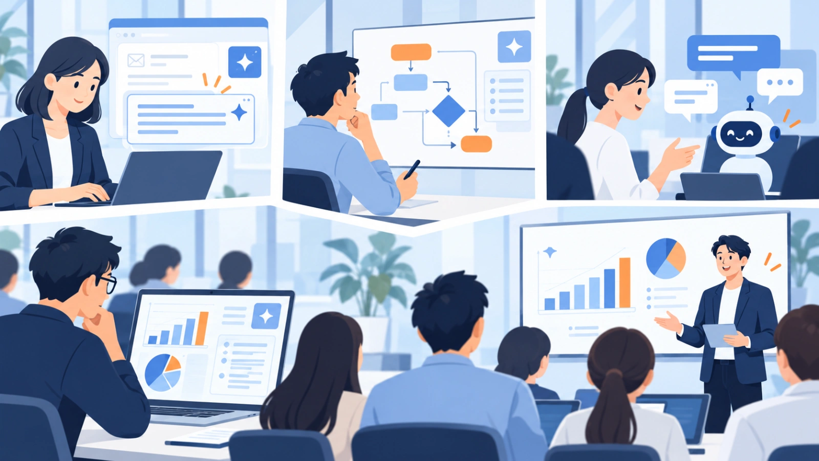 各社ではどんな演習を行う？を表す図解イラスト